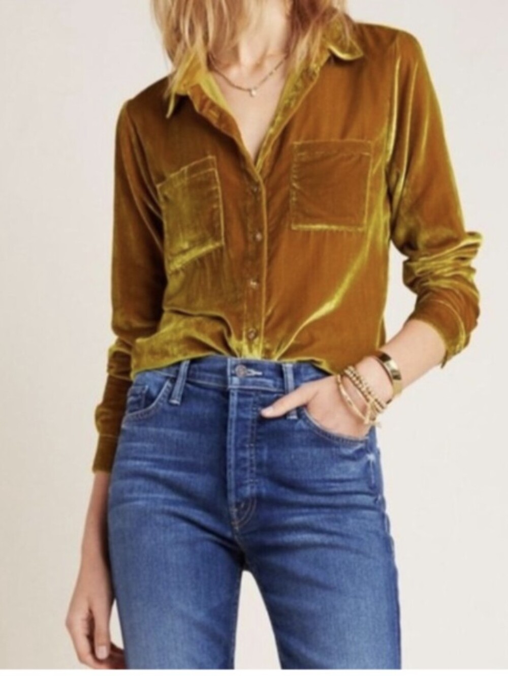 Anthropologie Maeve Crushed Golden Velvet Button Up Size 8